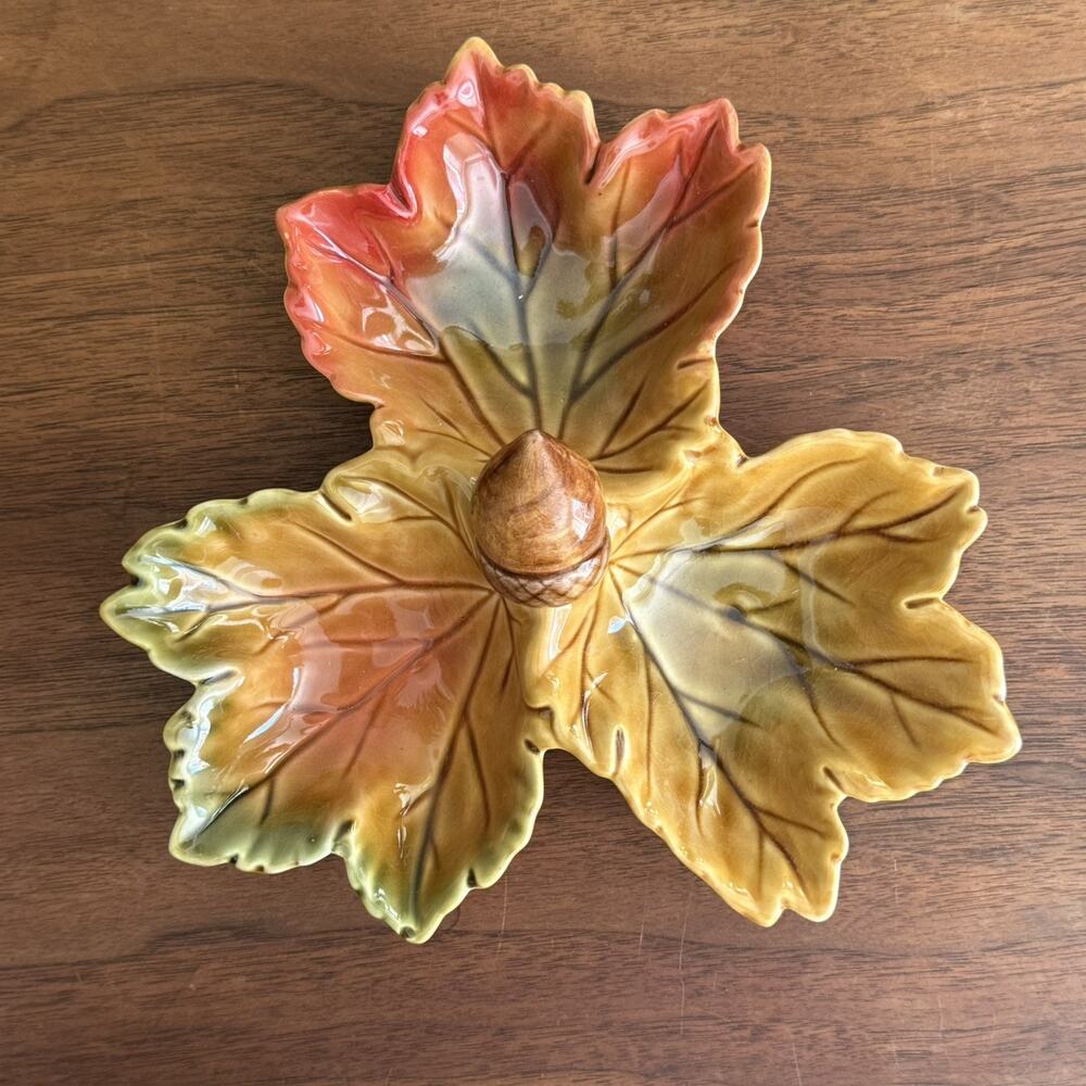 Vintage Harvest Leaf Shaped 3 Bowl Serving Candy Nut Dish Fall Thanksgiving